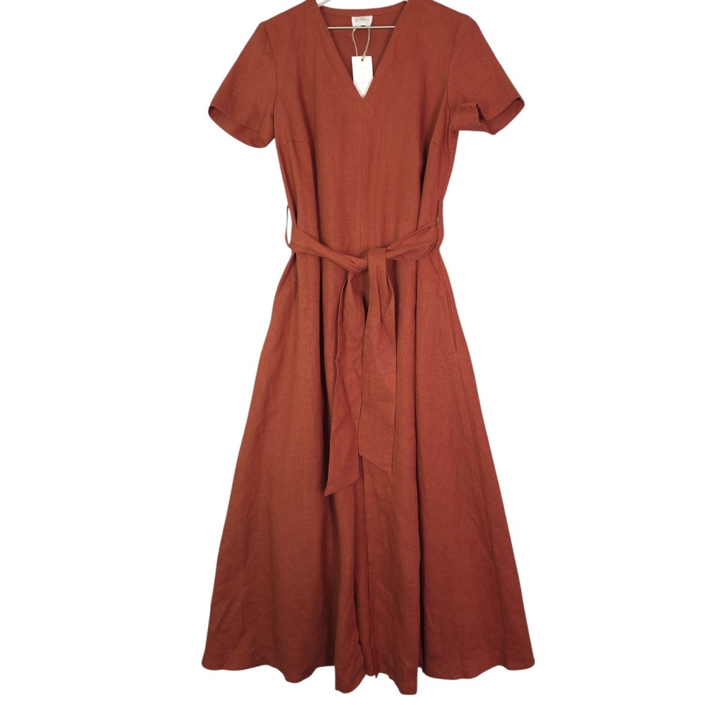 Linen Handmade Studio Womens Maxi Dress 12 US 100% Linen Rust V-Neck Tie Waist